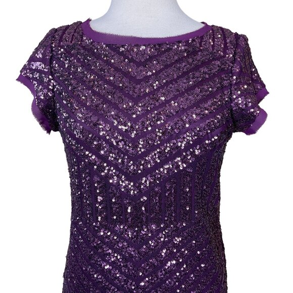 Vince Camuto Cap Sleeve Burgundy Purple Chevron Sequined Shift Dress Sz 10 NWT - Picture 3 of 11